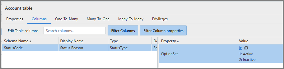 Screenshot of table columns editor displaying Status Reason option set with values 1: Active and 2: Inactive.