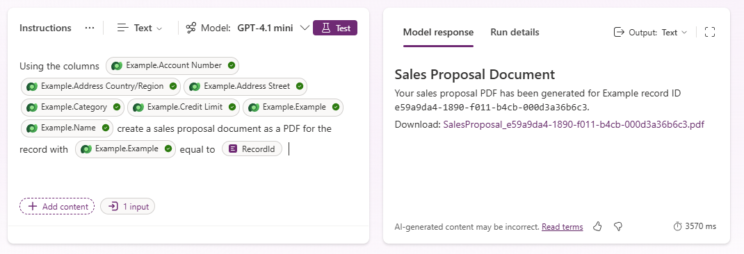The code interpreter PCF component sample showing generated sales proposal document
