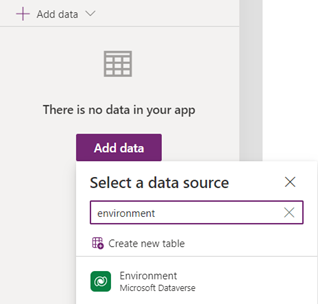 在新增資料窗格中搜尋 Power Fx 環境物件的螢幕擷取畫面。