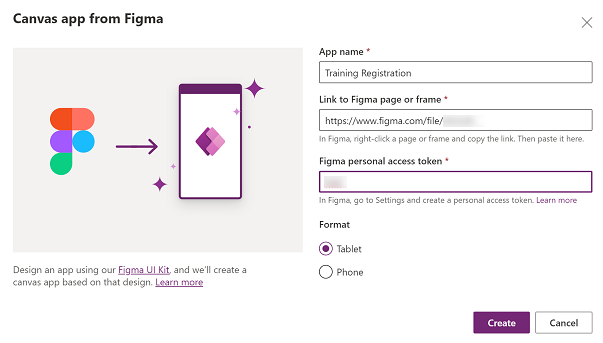 建立應用程式對話方塊，包含應用程式名稱、Figma URL 和建立的個人存取權杖。