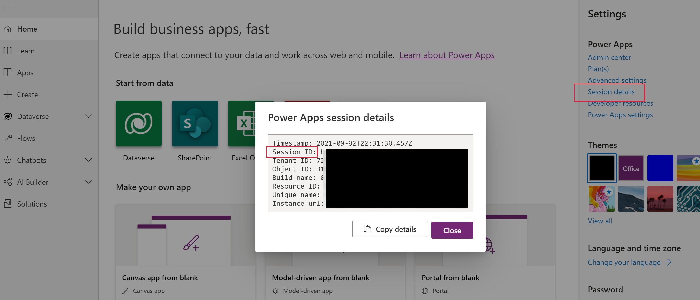 來自  Power Apps 網站的工作階段詳細資料