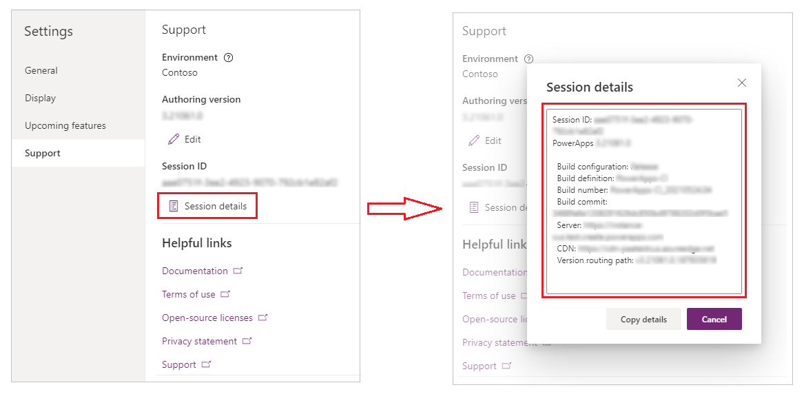 從 Power Apps Studio 中取得工作階段識別碼 從 Power Apps Studio 中取得工作階段識別碼。