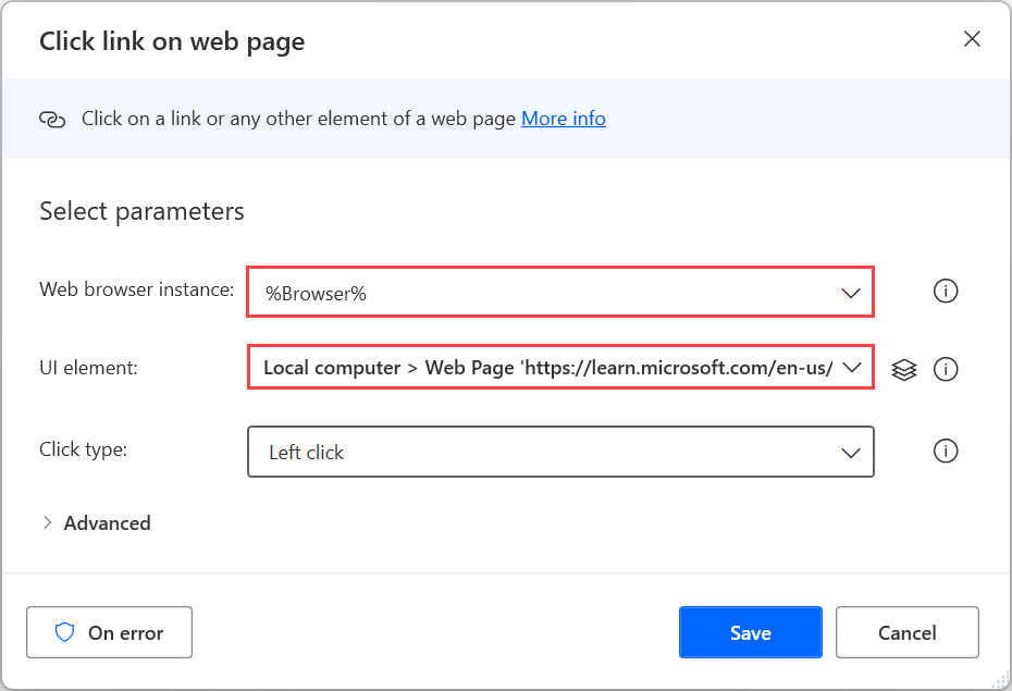 [按一下網頁上的連結] 動作的螢幕擷取畫面。