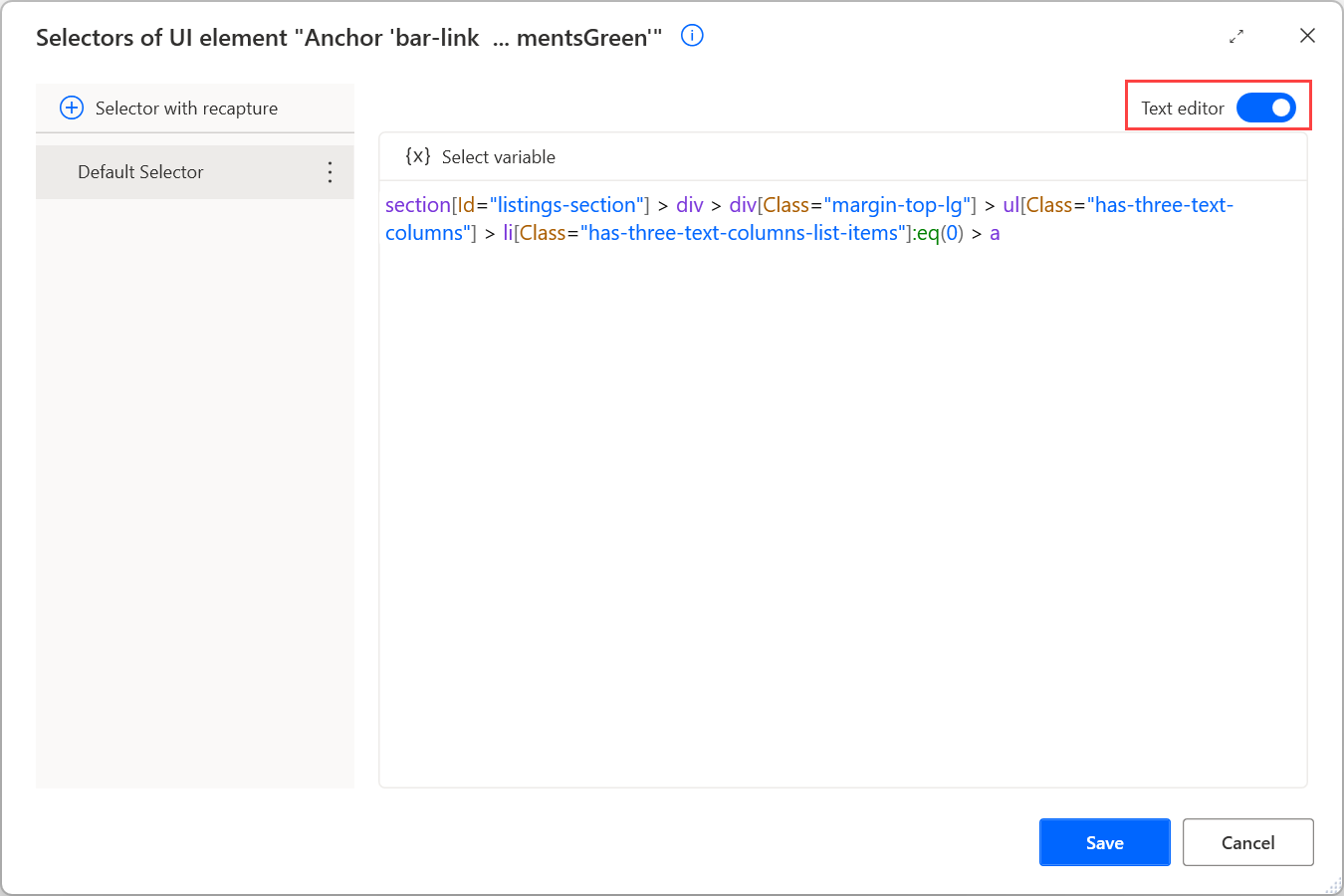文字編輯器中原始選取器的螢幕擷取畫面。
