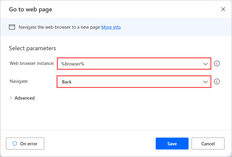 [移至網頁] 動作的螢幕擷取畫面。