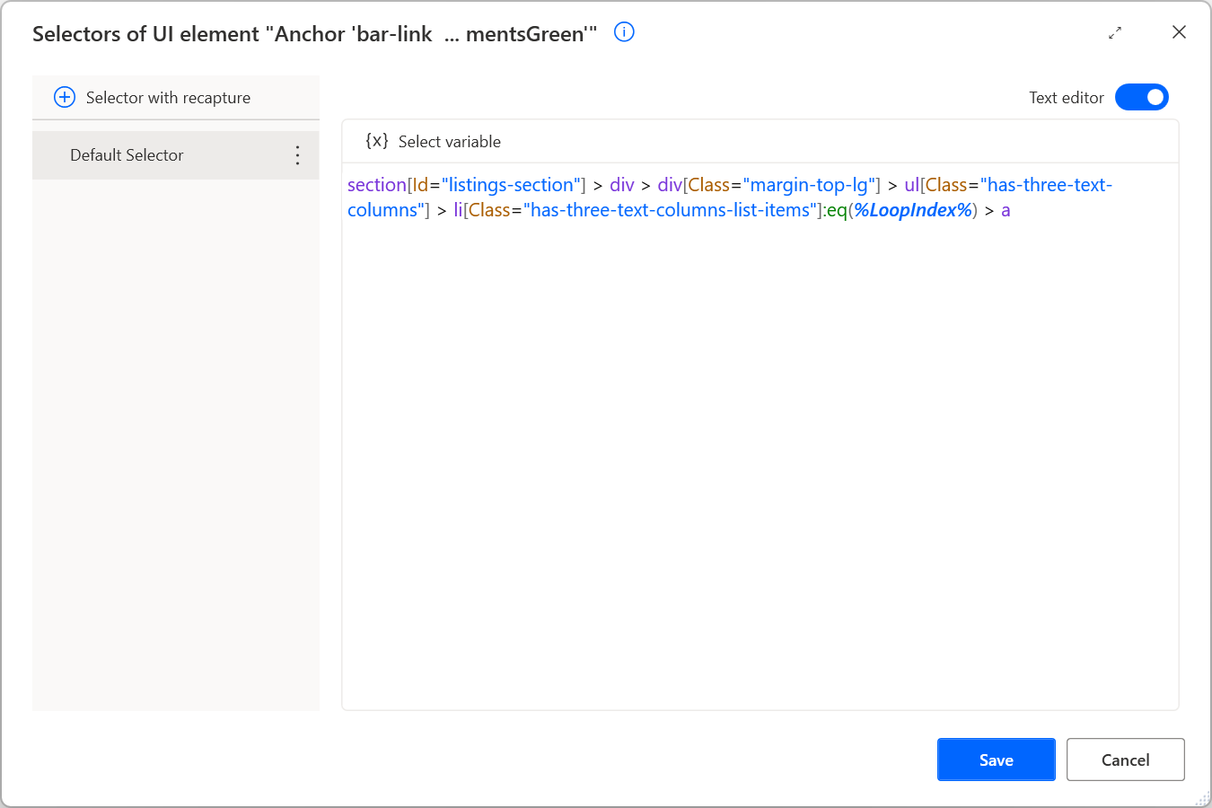 選取器文字編輯器中修改選取器的螢幕擷取畫面。