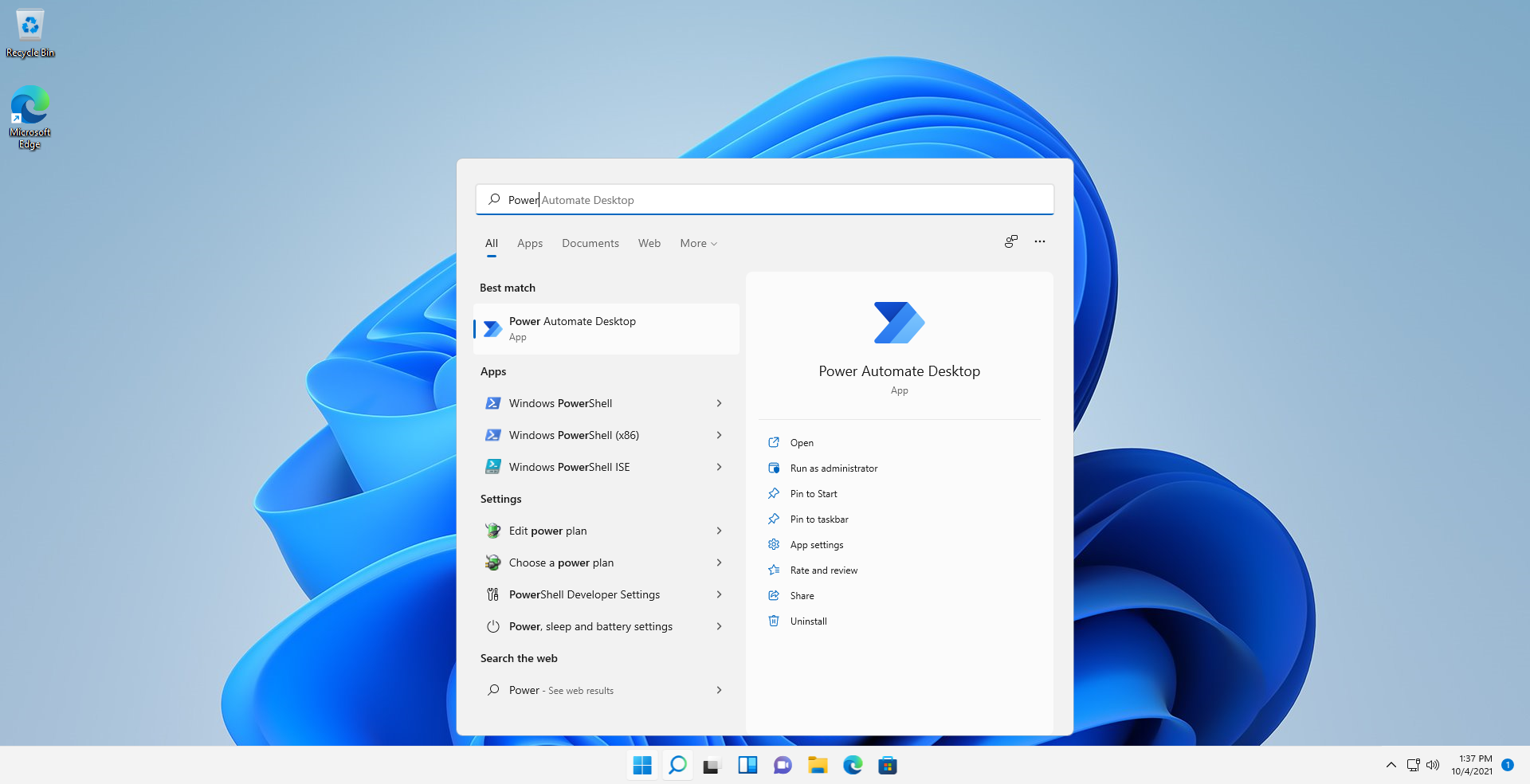 Windows 11 搜尋功能表的螢幕擷取畫面。