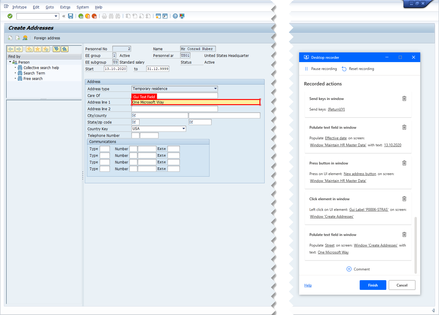 SAP GUI 的螢幕擷取畫面，包含桌面記錄器追蹤視窗和特別標記為要錄製的 SAP 地址行 1 欄位。