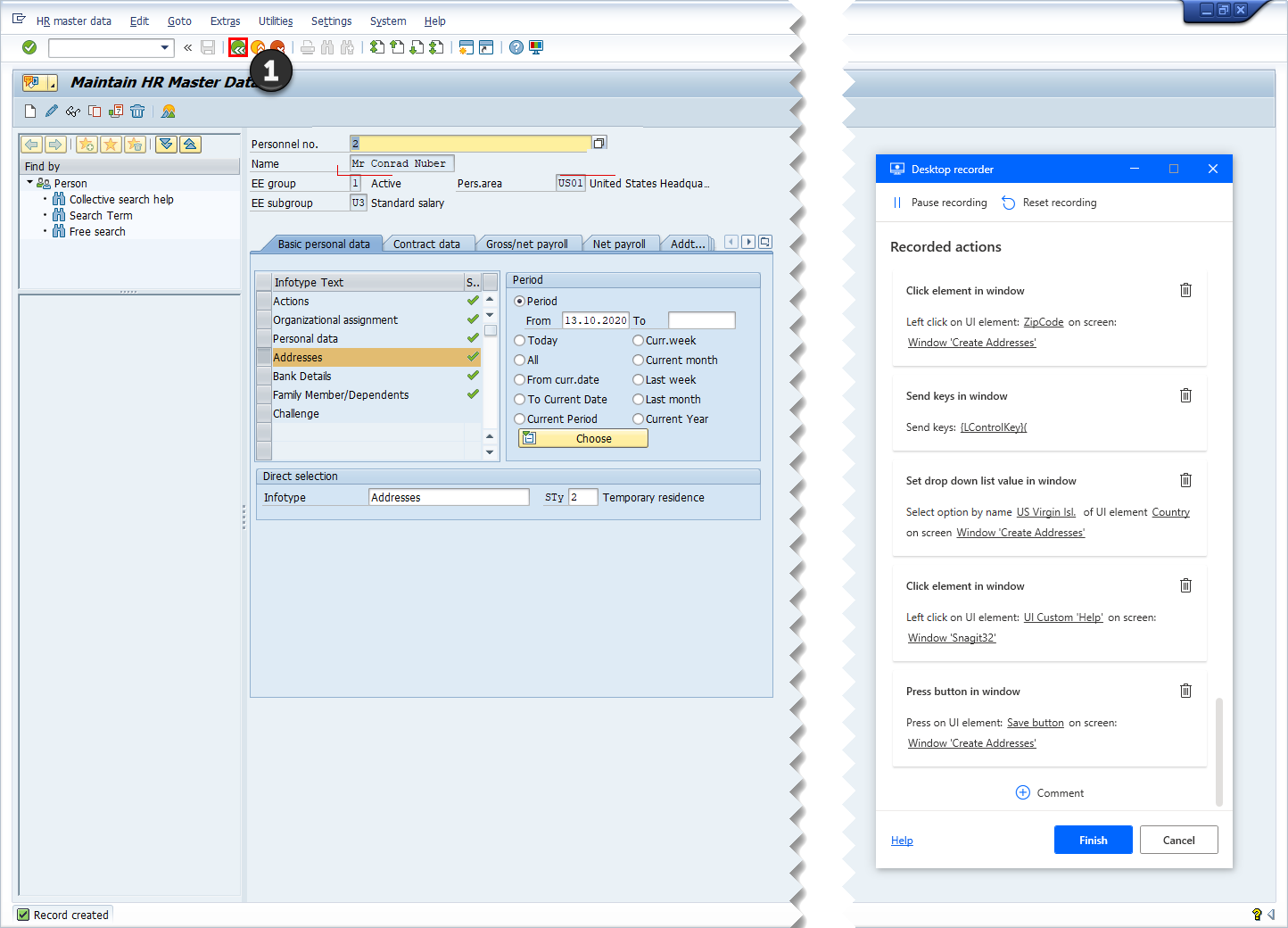 SAP GUI 的螢幕擷取畫面,包含桌面記錄器追蹤視窗和 SAP 返回按鈕。