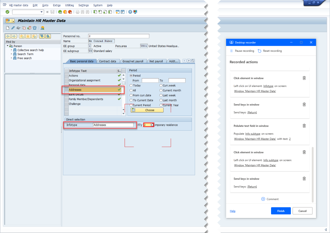 SAP GUI 的螢幕擷取畫面，包含桌面記錄器追蹤視窗和所選 SAP Infotype 文字，和標記為要錄製的 STy 欄位。