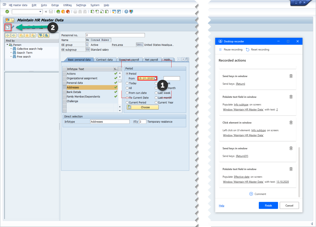 SAP GUI 的螢幕擷取畫面，包含桌面記錄器追蹤視窗和特別標記為要錄製的 SAP 期間表單欄位。