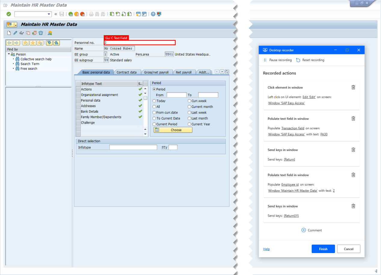 SAP GUI 的螢幕擷取畫面，包含桌面記錄器追蹤視窗和標記為要錄製的 SAP 人員編號欄位。