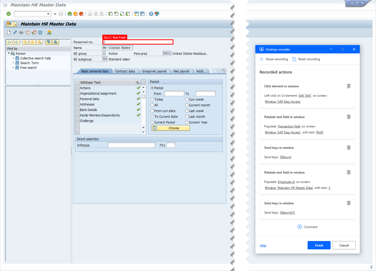 SAP GUI 的螢幕擷取畫面,包含桌面記錄器追蹤視窗和標記為要錄製的 SAP 人員編號欄位。