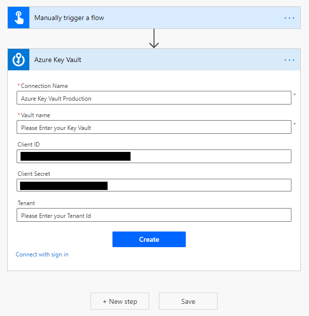 登入後使用 Power Automate 流程設計工具中的 Azure Key Vault 動作建立連線的螢幕擷取畫面。