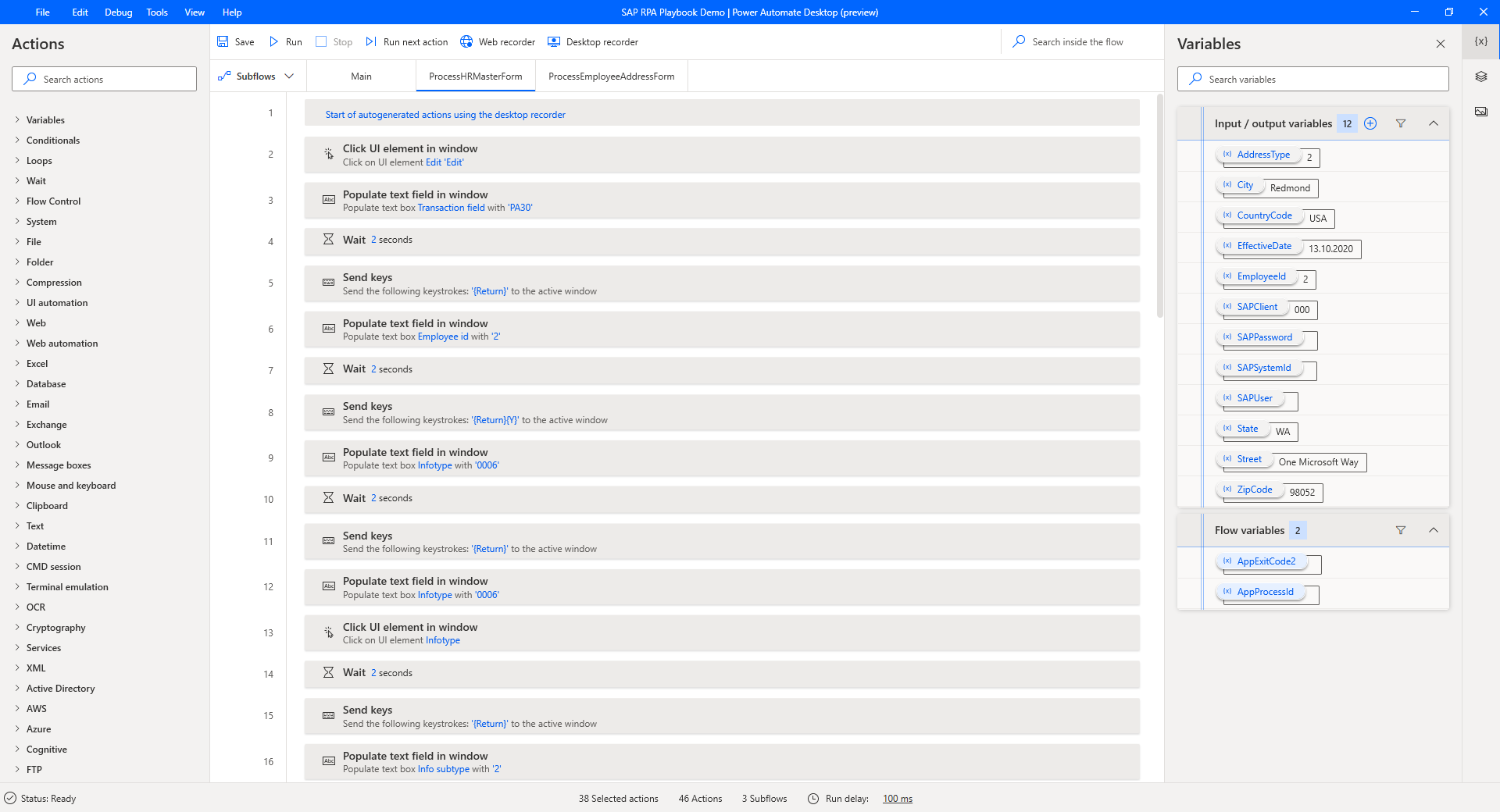 Power Automate Desktop 的螢幕擷取畫面,顯示在其畫布上錄製的動作。