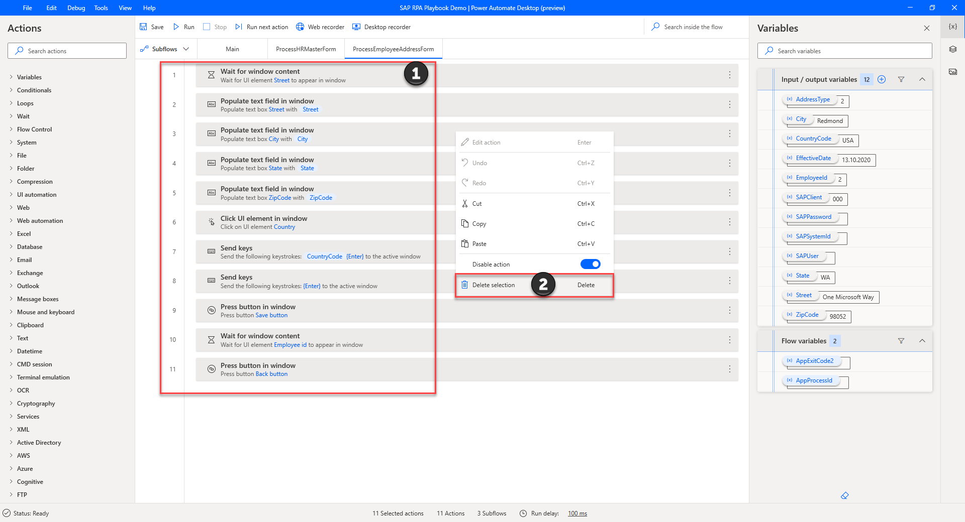 Power Automate Desktop 的螢幕擷取畫面,會醒目顯示要在 ProcessEmployeeAddressMaster 子流程中刪除的所有動作。
