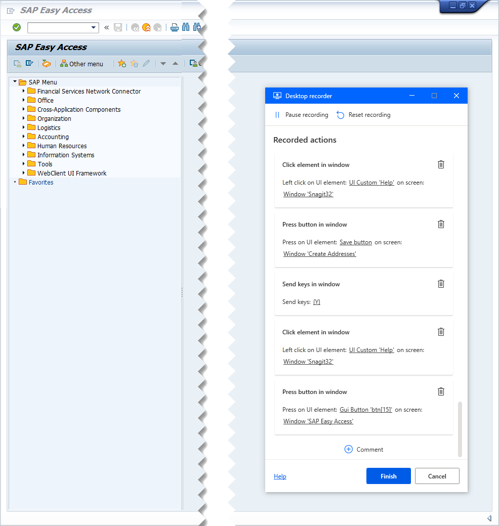 SAP GUI 的螢幕擷取畫面，包含桌面記錄器追蹤視窗。