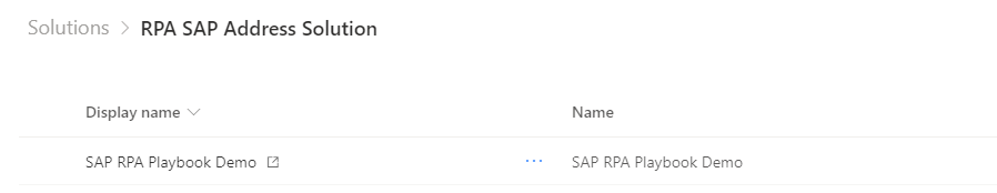具有 RPA Sap 地址解決方案之 Power Automate 解決方案區域螢幕擷取畫面,顯示清單中 SAP RPA Playbook 示範流程。