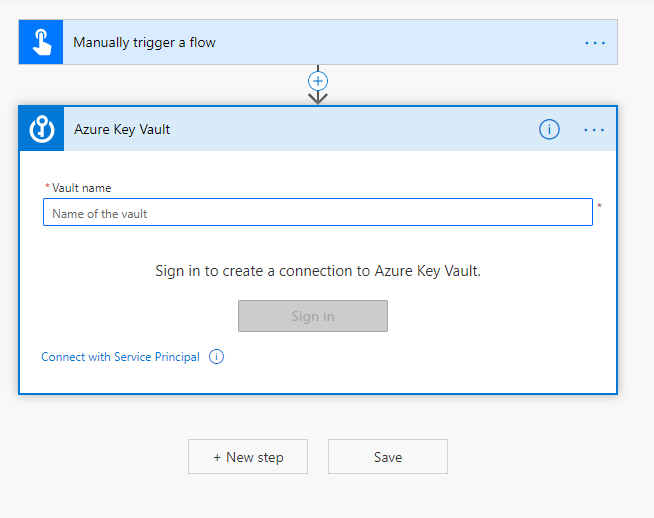 在 Power Automate 流程設計工具中,Azure Key Vault 動作的螢幕擷取畫面。