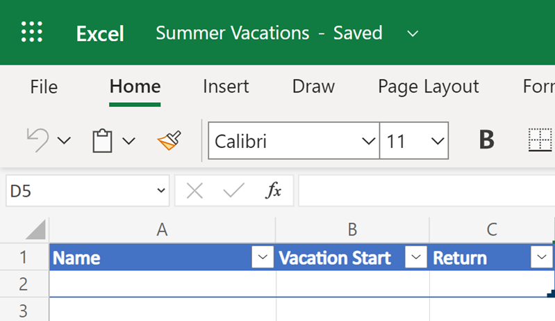 Excel 資料表的螢幕擷取畫面，其中包含標題為 [姓名]、[休假開始] 和 [返回] 三個資料行。