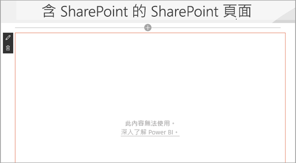 SharePoint 頁面的螢幕擷取畫面，其中 Power Bi 報表顯示內容無法使用訊息。