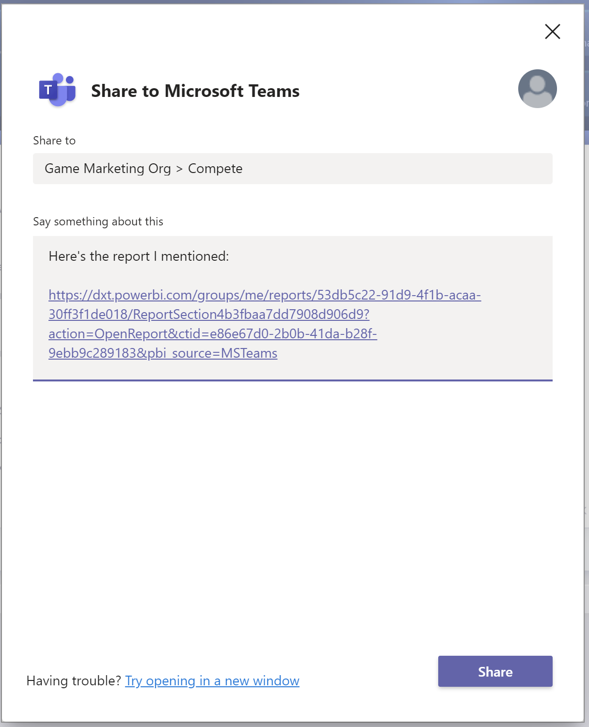 顯示 [共用到 Microsoft Teams] 對話方塊的螢幕擷取畫面。