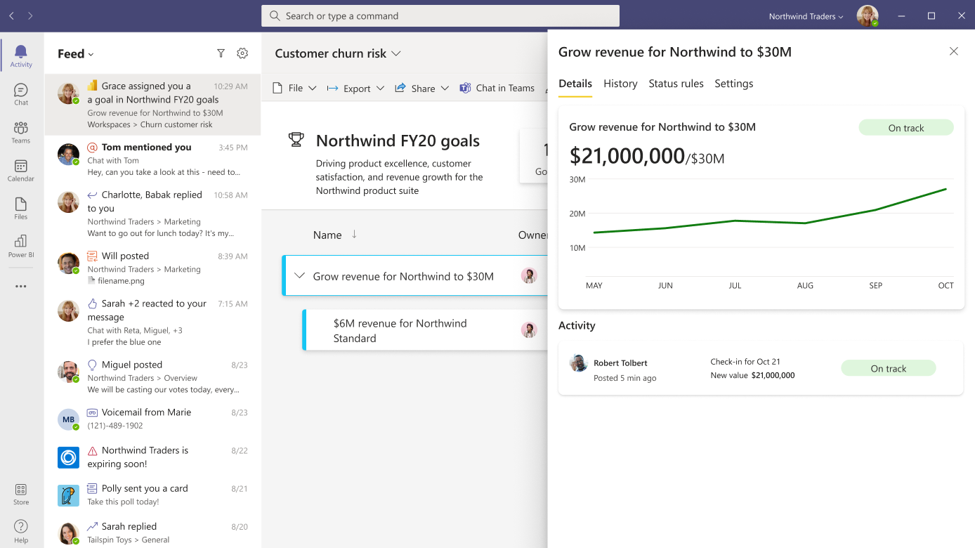 此螢幕擷取畫面顯示在 Microsoft Teams 活動摘要中取得 Power BI 計量指派通知。