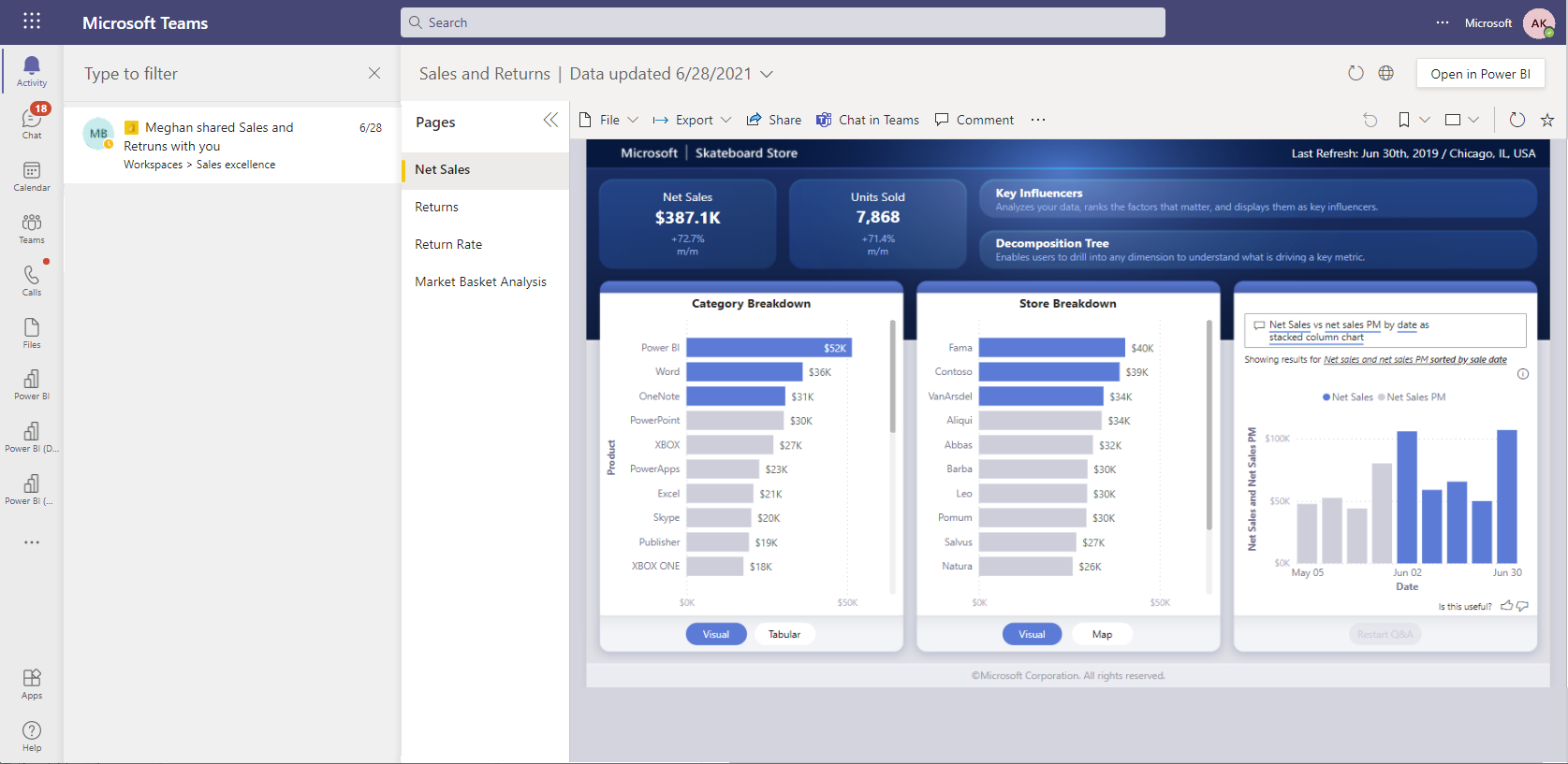 此螢幕擷取畫面顯示在 Microsoft Teams 活動摘要中取得 Power BI 通知。