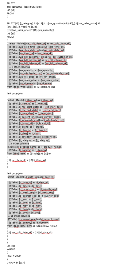 T-SQL 查詢的螢幕擷取畫面,其中顯示內嵌子查詢,每個模型資料表各一個。