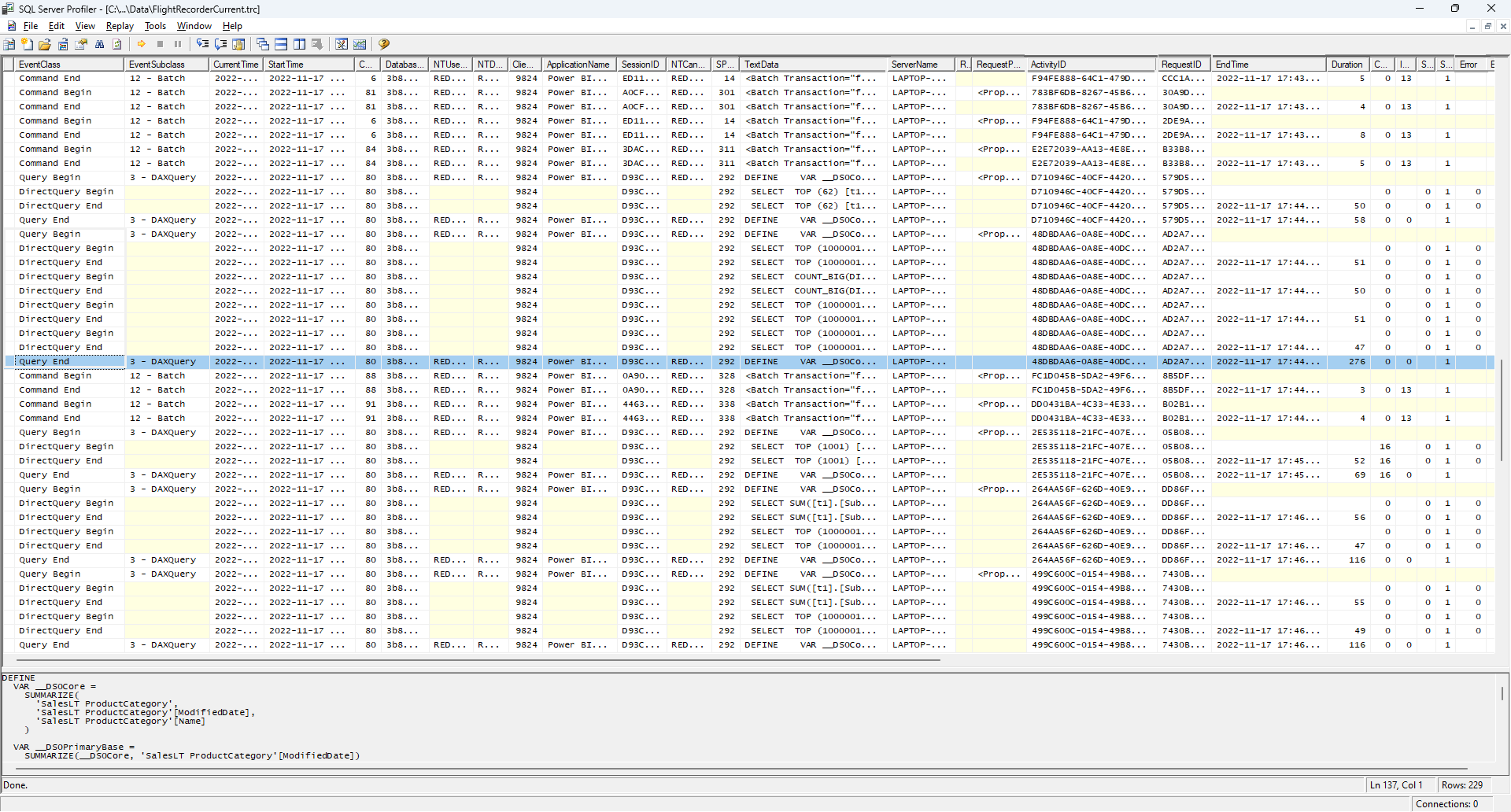 SQL Server Profiler 視窗的螢幕擷取畫面,其中沒有強調顯示的追蹤。
