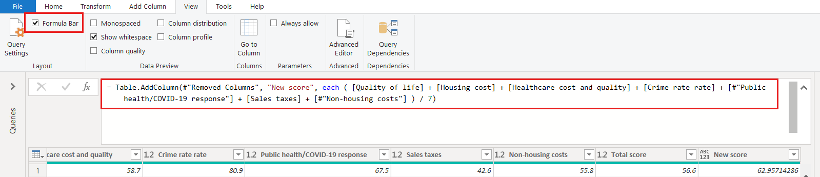 Screenshot of Power Query Editor showing the New score column and its data formula with errors fixed.