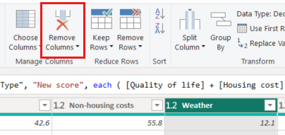 Screenshot of Power Query Editor's Home menu with the Remove Columns button highlighted.