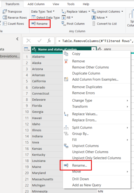 Screenshot of Power Query Editor highlighting the Rename button and also the Rename right-click item.