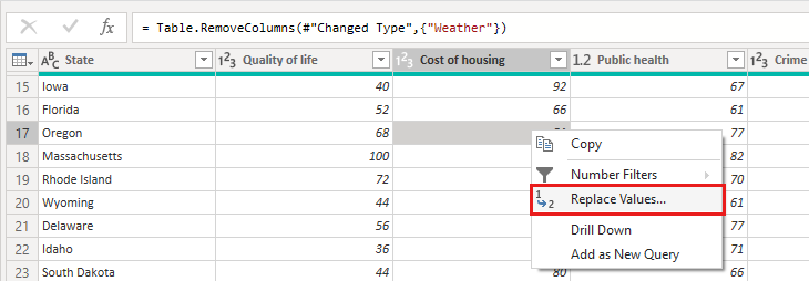 Screenshot of the Power Query Editor window showing the Housing cost column with the Replace Values right-click menu item highlighted.