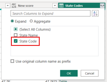 Screenshot of Power Query Editor's column Expand dialog showing the State Code column highlighted.