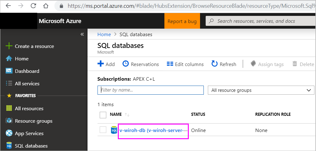 顯示 Azure 入口網站中 [SQL 資料庫] 頁面的螢幕擷取畫面，其中已醒目提示資料庫。