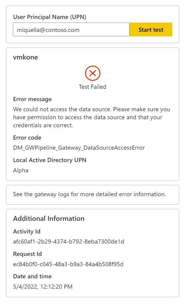 Screenshot of the error dialog when testing fails because the UPN doesn't have access to the data source.