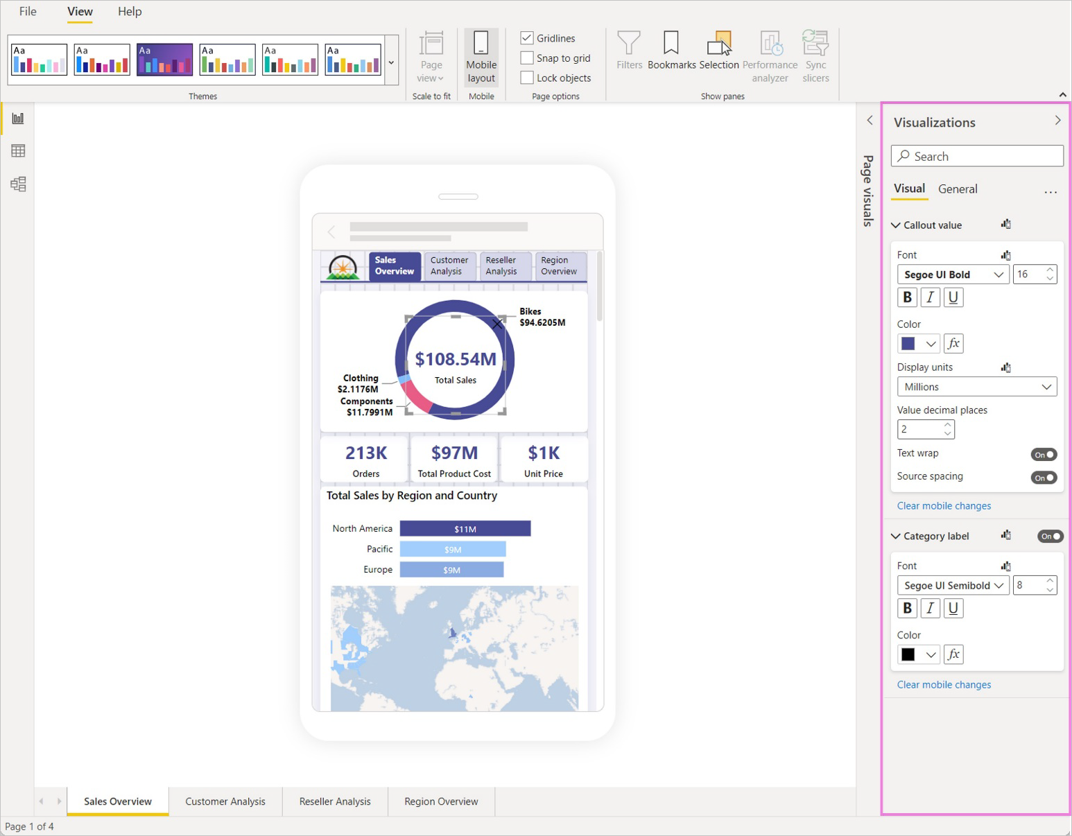 螢幕擷取畫面，顯示 Power BI 行動裝置版面配置檢視中視覺效果窗格正式發行。