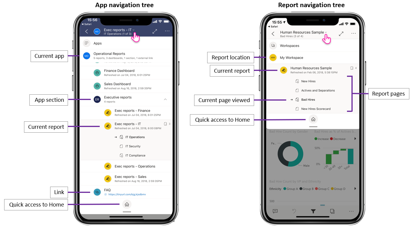 Power BI 行動裝置應用程式導覽樹狀目錄的螢幕擷取畫面。