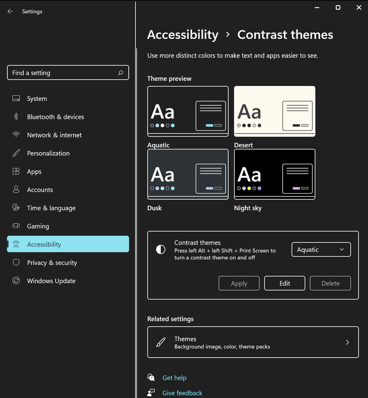 Screenshot of the high contrast settings in Windows.