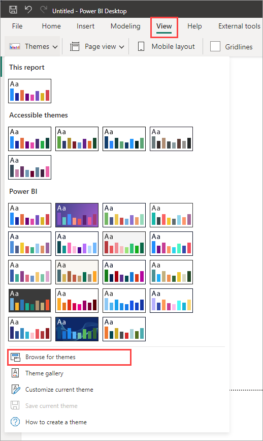 Power BI [主題] 下拉式功能表的螢幕擷取畫面，其中醒目提示 [瀏覽佈景主題]。