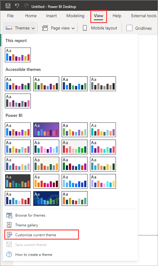 Power BI [主題] 下拉式功能表的螢幕擷取畫面，其中醒目提示 [自訂目前的佈景主題]。