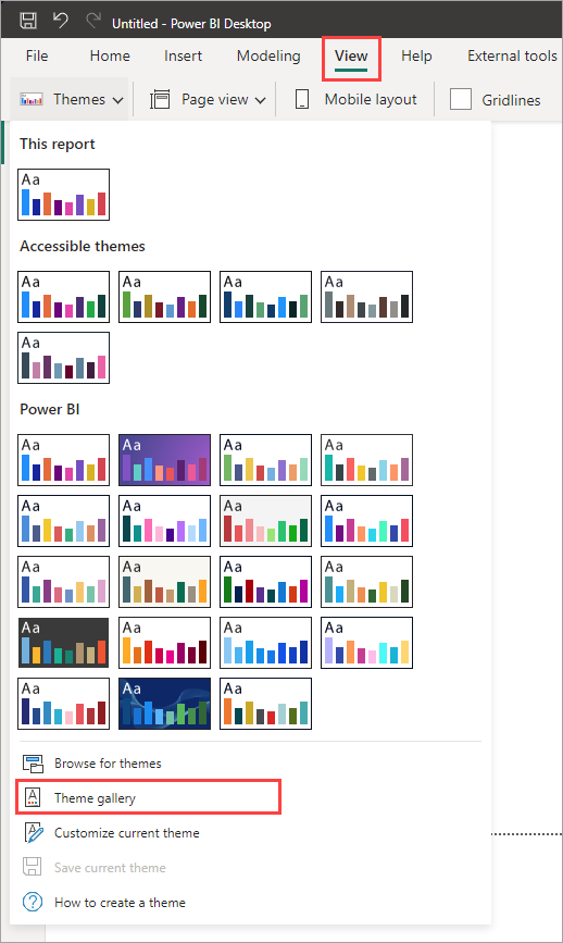 Power BI [主題] 下拉式功能表的螢幕擷取畫面，其中醒目提示 [佈景主題庫]。