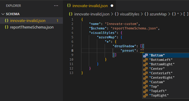 Screenshot of using the report theme schema to identify available formatting options. The autocomplete menu within Visual Studio Code shows available formatting options.