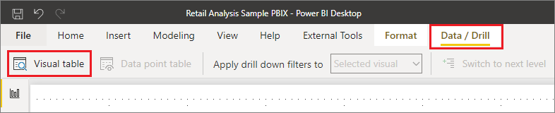 此螢幕擷取畫面顯示 Power BI Desktop 功能區 [資料/鑽研] 索引標籤中尋找視覺效果資料表功能的位置。