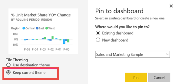 Screenshot of the Pin to dashboard window, highlighting the Keep current theme option.