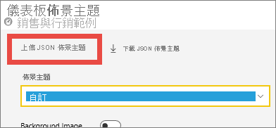 Screenshot of the Dashboard theme window, highlighting the Upload JSON theme option.