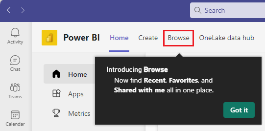 Screenshot showing the new Browse experience also in the Power BI personal app in Teams.