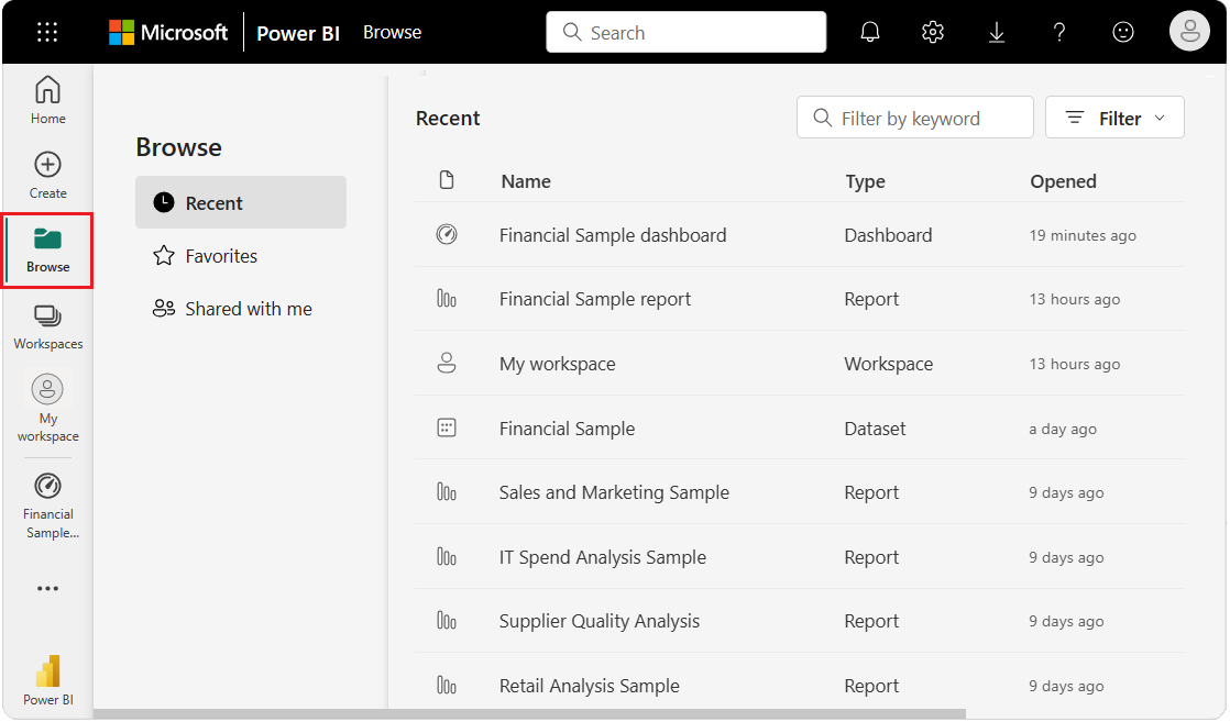 Screenshot of the new Browse page in the Power BI service.