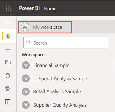 Screenshot that shows the My Workspace item above the Search box on the Workspaces extended menu.